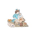 Little girl read book to doll. Royalty Free Stock Photo